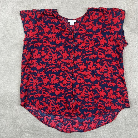 Liz Claiborne Large Floral Button Down Blouse Red Navy Cap Sleeve Boho Top — photo 2